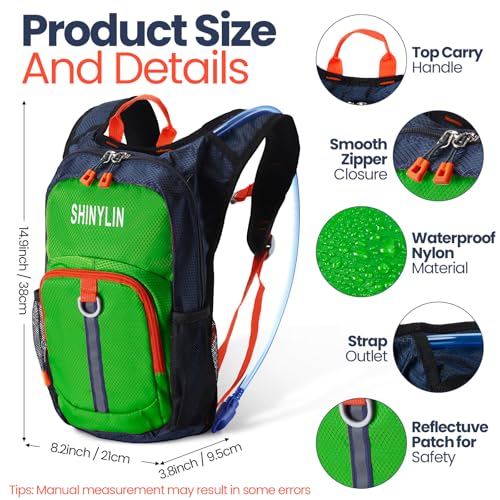 Shinylin Kids Hydration Backpack with 1.5L Water Bladder Hiking Backpack Lightweight for Boys or Girls Children Biking Climbing Running Cycling - color: Green, style: Classic
