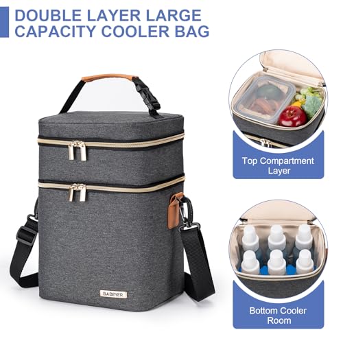 Breastmilk Cooler Bag with Ice Pack Fits 6 Baby Bottles Up to 9 Ounce, Double Deck Leak-Proof Baby Bottles Bag with Shoulder Strap for Nursing & Working Mom, - color: Dark Grey