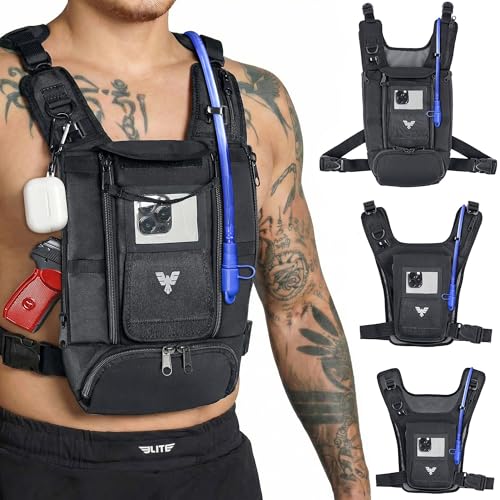 Elite Hydra Running Chest Pack w/ Phone Holder Touch Friendly, Camera Pocket for Men/Women Lightweight Hydration Vest Chest Rig w/ Water Bladder for Marathon, Cycling, ADV Camping, Skiing - size: Large