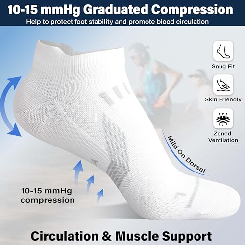 Hylaea Compression Ankle Socks for Running Athletic, Moisture Wicking - color: White 6 Pairs, size: Medium