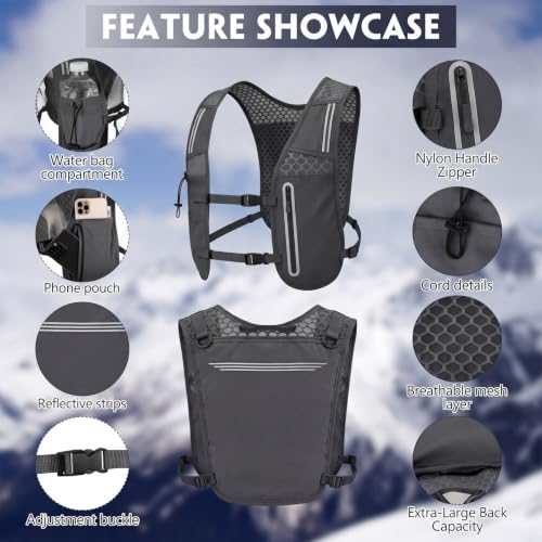 2 Pcs Running Vest for Women Men, Reflective Running Vest with Adjustable Waistband & Phone Pocket, Outdoor Pack Lightweight Breathable Backpack for Marathon Hiking - color: Black, Dark Gray