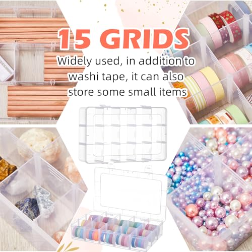 Leinuosen 3 Pack Clear Washi Tape Organizer Storage 15 Grids Plastic Organizer Box Adjustable Dividers for Jewelry, Washi Tapes, Art DIY Crafts, Beads and Small Parts