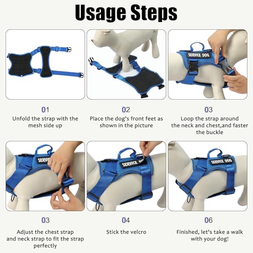 Service Dog Harness, Reflective Dog Vest Harness with 5 PCS Patches, Adjustable Soft Oxford Pet Harness, Inner Layer Mesh, Easy to Control - color: ALL Blue, size: Large (Pack of 1)
