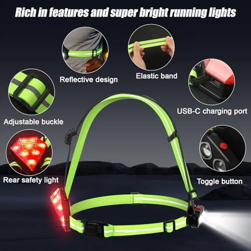 VZZNN 2 Pack Running Lights for Runners -500 Lumens Adjustable Running Light Up and Down with Dual-Reflective Straps, USB Rechargeable, IPX4 Waterproof Night Run Gear for Jogging, Walking & Cycling