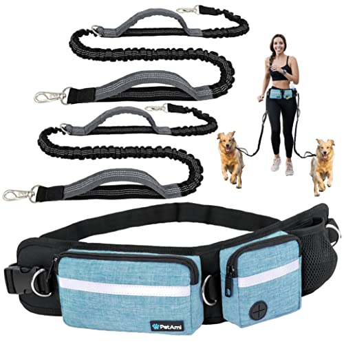 PetAmi Hands Free Dog Leash with Waist Running Belt Bag, Double (Teal) - color: Turquoise, size: 2 Leashes