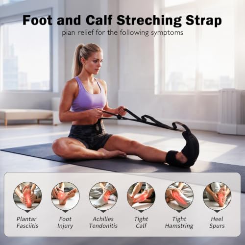 Calf Stretching Strap for Plantar Fasciitis, Foot Stretcher Night Splint for Heel Spurs, Foot Drop, Achilles Tendonitis & Hamstring, Yoga Foot & Leg Stretch Strap with Black Massage Ball - color: Black with Black Ball