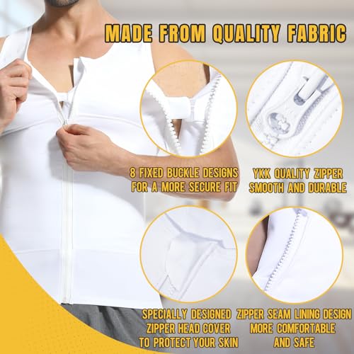 Mens Compression Shirt Zipper, Gynecomastia Tummy Control Vest, Back Support Shapewear Slimming Undershirt - color: 2 Pack White, size: Large