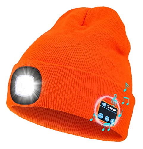 Wmcaps Bluetooth Beanie with LED Light and Headphones, Christmas Tech Gifts - color: Orange