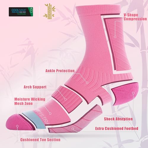 BRISIRA Coolmax Bamboo Viscose Compression Running Crew Socks Women - color: Black + White + Pink, size: 8-10