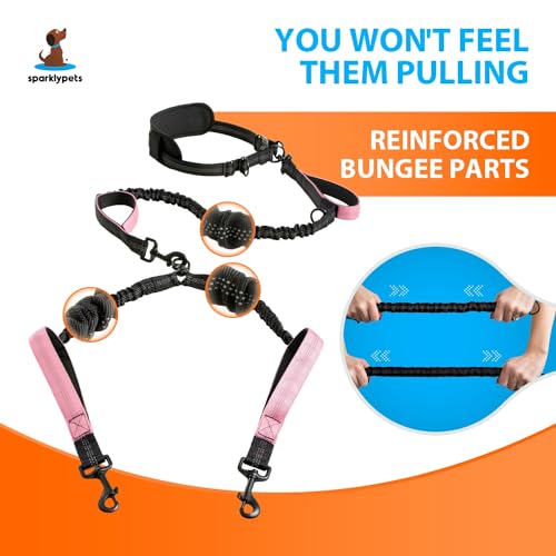SparklyPets Hands Free Dual Dog Leash, Medium & Large (Pink) - color: Pink, size: 2 dogs M/L