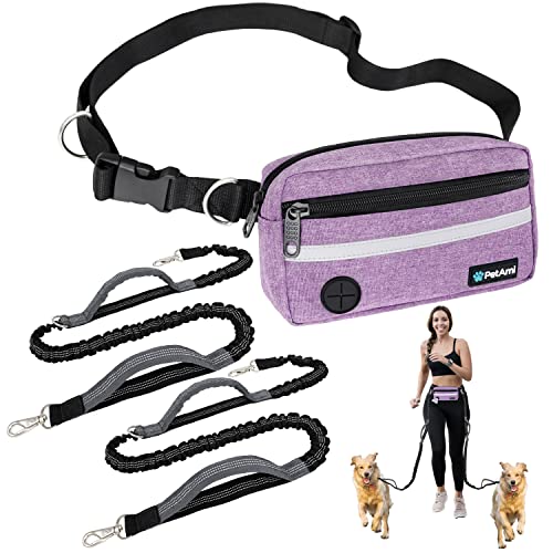 PetAmi Hands Free Dog Leash Waist Belt Bag Fanny Pack, Double, Purple - color: Purple, size: 2 Leashes