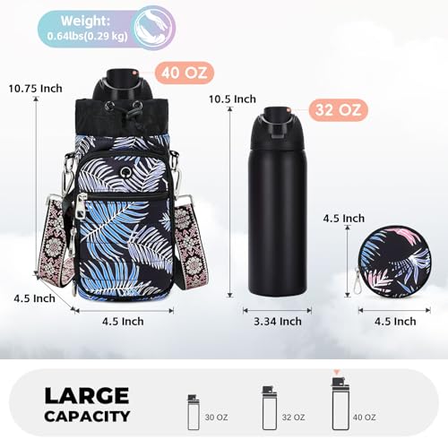 Water Bottle Carrier Bag with Strap Phone Pocket for Walking, Hiking, Cycling - color: 11-Printed Black, size: 32oz-40oz
