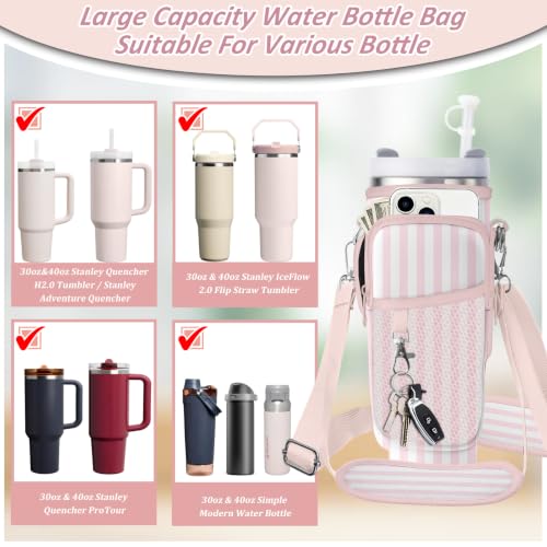 Water Bottle Carrier Bag for Stanley 40/30oz Cup Tumbler with Phone Pocket,Insulated Crossbody Water Bottle Holder with Adjustable Strap,Water Bottle Sling Pouch for Hiking Walking Camping Accessories - color: Pink Stripes