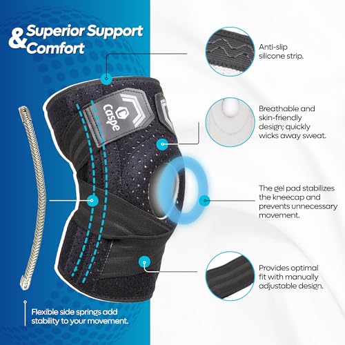 Caspe 1 Pack Knee Brace for Women & Men – Adjustable Knee Brace for Pain Relief with Patella Gel Pad & Side Stabilizers & Compression Straps – ACL, Meniscus Tear, Arthritis, Running Support