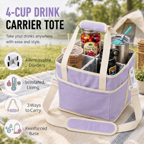 Drink Carrier Bag, Family Size 4 Compartment Drink Bag Light Purple - color: Lavender