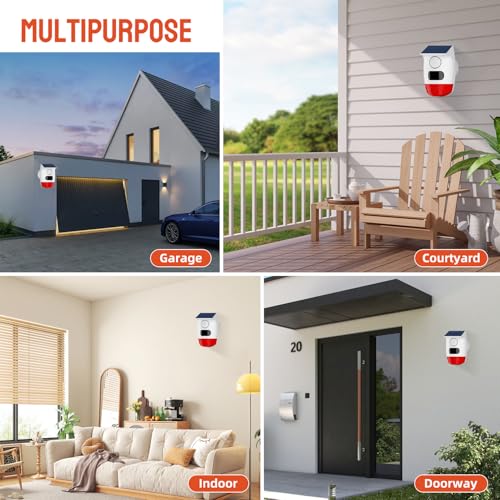 PGST Solar Strobe Alarm Light, Wireless Security Alarm with Remote Control, IP65 Waterproof Solar Powered Siren, 120dB Loud Sound for Home, Farm, Barn, Villa, Yard and Property Safety