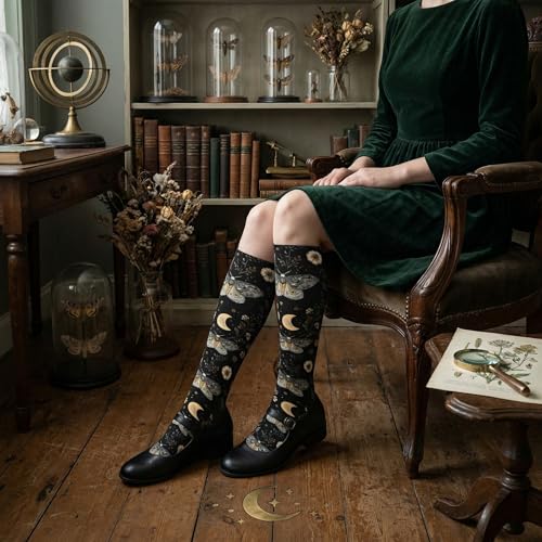 Cute Compression Socks Knee High Support Stockings Women Men - color: Moth Flower Moon