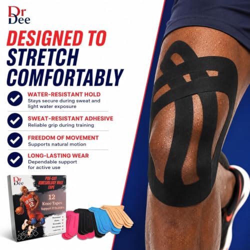 Pre-Cut Kinesiology Tape for Knees 12 Pcs Athletic Support Stability Tape - style: Knee Tape