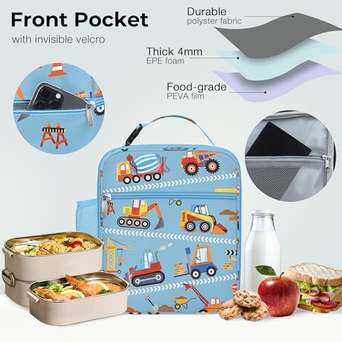 Clastyle Car Insulated Kid Lunch Bag for Boy Lunch Box, Red Construction - color: Red Construction