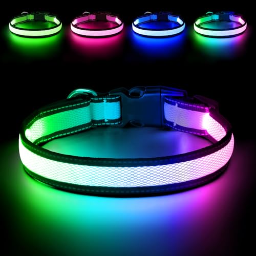 Flashseen Multicolor LED Light Up Dog Collar, RGB 9-Mode, USB Rechargable - color: White, size: Small
