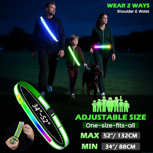 Reflective Sash Gear for Walking at Night,Flashing LED Reflective Belt Safety Lights for Walkers Night Dog Walking Biking Running,High Visibility Rechargeable With Wear 2 Ways for Men Women - color: Green