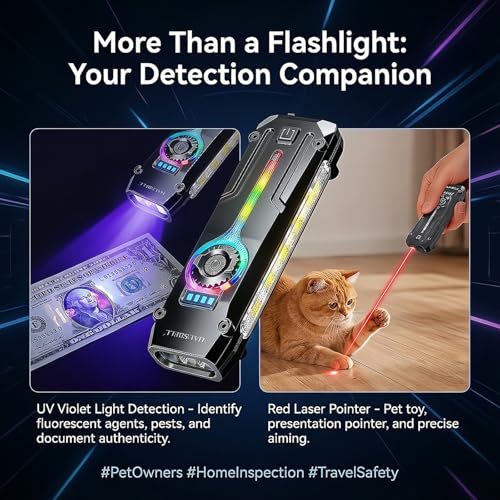 HAUSBELL UV Flat EDC Flashlight Rechargeable, 365nm Black Light & Red Laser Pointer, Slim Pocket Light 1800 Lumens, Stepless Dimming, Side-COB Flood, Magnetic Base for Outdoor, Car Repairing, Gifts - color: Black