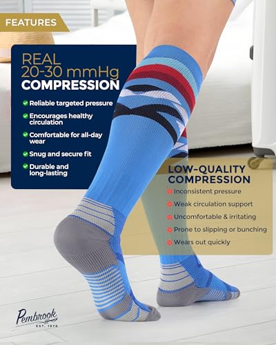 Pembrook 3 Pairs Compression Socks 20-30 mmHg - Compression Socks for Women and Men | Running, Athletic, Travel, Nurses - color: Line Pattern (Black/White/Blue) - 3 Pairs, size: X-Large