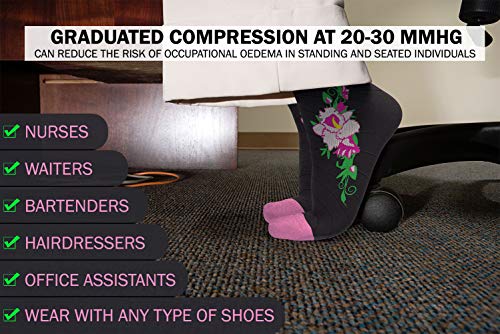 Physix Gear Compression Socks 20-30 mmHg - Men & Women - Running, Nurses, Shin Splints, Flight, Travel - color: Black/Pink Flower, size: Large-X-Large