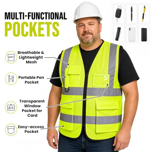 Tlence 10 Pack Reflective Safety Vests with Pockets and Zipper, High Visibility Mesh Security Vest, Construction Vests - size: Large
