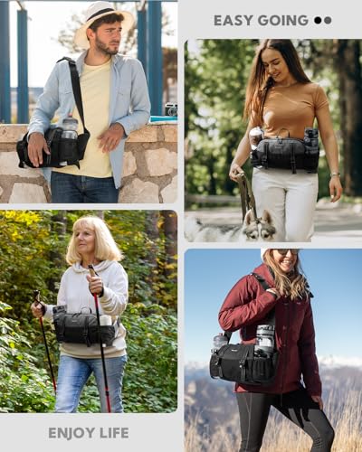 WATERFLY Large Hiking Fanny Pack: 3L Waist Bag with 2 Bottle Holders for Women Men - 9 Pockets & Adjustable Belt Lumbar Hip Packs for Travel Running Cycling Camping Workout (Bottles Not Included) - color: Black