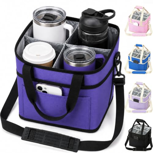 Drink Carrier Tote Bag, Family Size 4 Compartment Drink Carrier - color: Purple