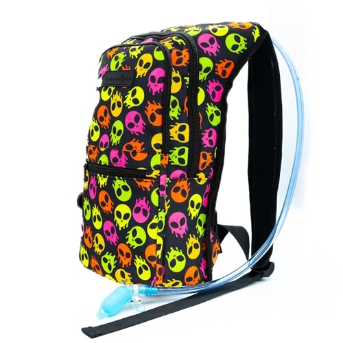 Kandies World Reflective Festival Hydration Pack - 2L Hydropack for Raves, Hiking, Biking, Running, and More (with Anti-Theft Pocket) - style: Skull Alien