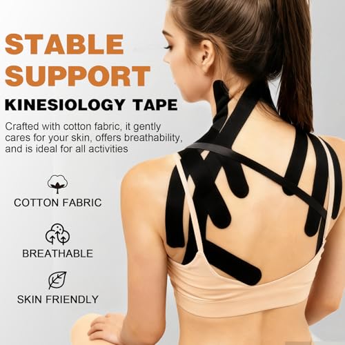 TEAWO Kinesiology Tape 2 Rolls (2in X 16.4Ft) – Waterproof, Hypoallergenic, Latex-Free Athletic Tape, Muscle & Joint Support for Sports Recovery (Beige & Black with Bonus Specialized Scissors)