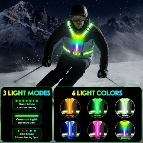 LED Reflective Running Vest, High Visibility Light Up Safety Vest with 3 Light Modes & 6 Light Colors, Rechargeable USB-C Adjustable Lightweight Night Running Gear for Men Women Cycling Walking