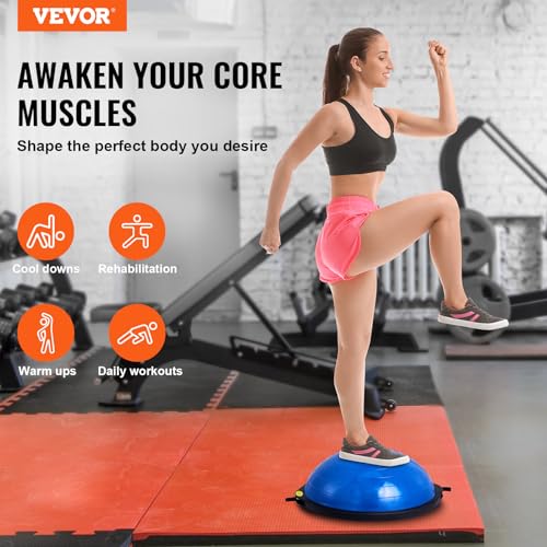 VEVOR Half Exercise Ball Trainer, 23/26 inch Balance Ball Trainer, 1500lbs Capacity Stability Ball, Yoga Ball with Resistance Bands & Foot Pump, Strength Fitness Ball for Home Gym Full Body Workout - color: 26" Ripple Blue
