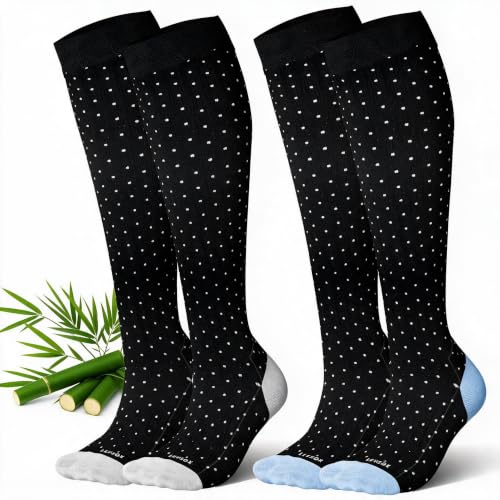 LEVSOX Thicker Bamboo Viscose Compression Socks 20-30 mmHg Cushioned - color: Black Polka Dots, size: Large