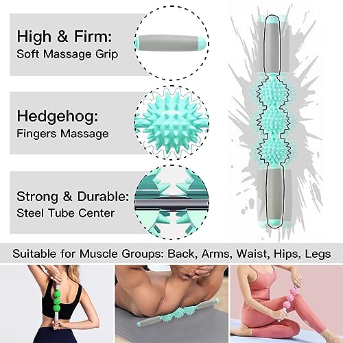 Fascia Muscle Roller, Cellulite Massager for Sore Muscles, Neck, Leg, Back - Pressure Trigger Point Body Deep Tissue Massage Stick Tools With 3 Massage Balls | Green - color: Green