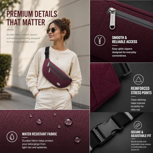 Entchin Water-Resistant Fanny Pack, 4-Zipper Belt Bag - color: Burgundy