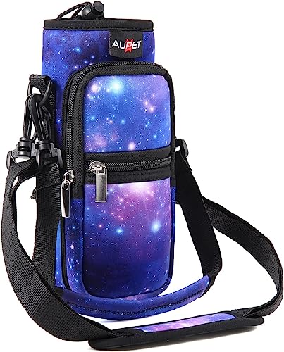 AUPET Water Bottle Sling Bag Sleeve Holder Carrier 25/32/40/64 oz,Insulated Crossbody Water Bottle Case Cover with Strap and Pockets for Men/Women Walking Hiking - color: purple starry sky, size: 32oz