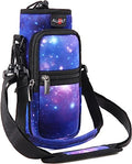 AUPET Water Bottle Sling Bag Sleeve Holder Carrier 25/32/40/64 oz,Insulated Crossbody Water Bottle Case Cover with Strap and Pockets for Men/Women Walking Hiking - color: purple starry sky, size: 32oz