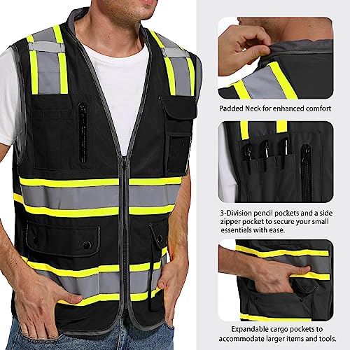 ArcRidge Reflective Safety Vest for Men and Women - High Visibility Construction Vest - Dual Tone Reflective Strips - color: Black-custom, size: 3X-Large