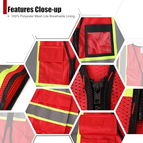 Reflective Safety Vest for Men Women Hi Vis Vest with 8 Pockets High Visibility Mesh Reflective Vest (Red-07,Medium) - color: Red, size: Medium