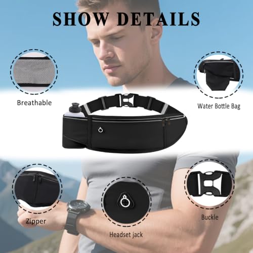 Running Belt with Water Bottle Holder, Large Fanny Pack for Men Women Girls Boys Kids Phone Carry Pouch,Flat Slim Waist Bag Fit Hydration Hiking Runner Walking Workout Gym Sport Travel - color: 01-Black