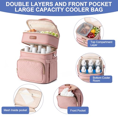 Breastmilk Cooler Bag with Ice Pack Fits 6 Baby Bottles Up to 9 Ounce, Double Deck Leak-Proof Baby Bottles Bag with Shoulder Strap for Nursing & Working Mom, - color: Pink with pocket