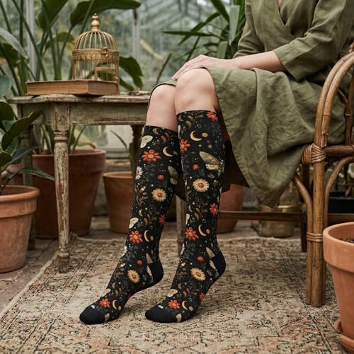 Cute Compression Socks Knee High Support Stockings Women Men - color: Moon Moth Flower