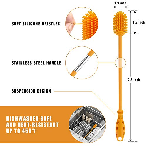 Silicone Bottle Brush with Long Handle, 12.5" Bottle Cleaning Brush, Orange - color: Orange