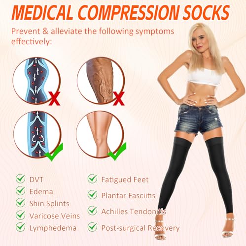 20-30 mmHg Footless Thigh High Compression Socks for Women Men - color: 2 Pair-Beige&Black, size: Large