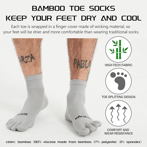 Sunew 3 Pairs Toe Socks for Men Women,Viscose Bamboo Breathable Athletic Running Five Finger Ankle/Quarter Socks - color: Grey, size: Medium