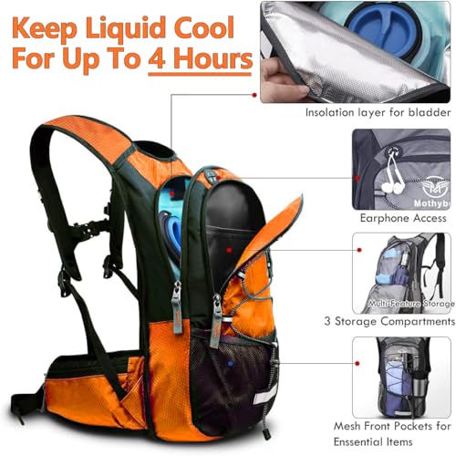 Mothybot Insulated Hydration Backpack Pack with 3L BPA Free Leak Proof Water Bladder, Large Storage Lightweight Hiking Daypack with Waist Pouches & Cooler Layer, for Running, Biking, Camping, Festival - color: Orange