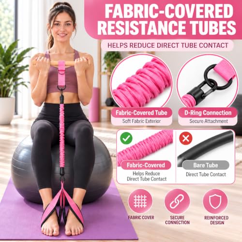 Pedal Resistance Band with Wood Handle, 3 x 30 lb Tubes - color: Pink
